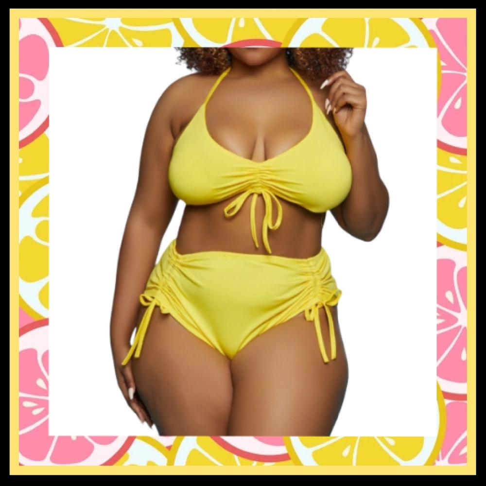 LOVE 83 ☆ LEMON YELLOW ☆ DRAWSTRING GATHERED ☆ HALTER BIKINI ☆ 3XL ☆ NWT